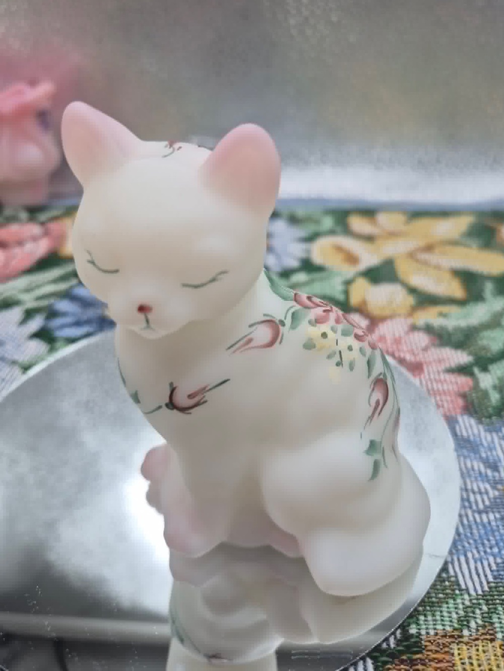 Fenton Cat Opal White Satin Glass Pink Ears Hand-Painted Rose Garden - S Jackson